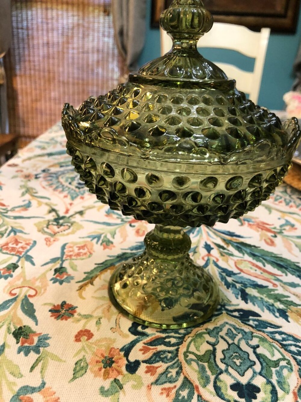 Vintage Fenton Glass Colonial Green Hobnail candy dish